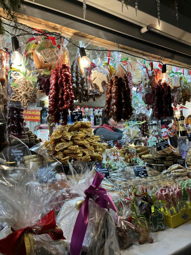 Colorful display of sweets and treats at a Christmas market in Minsk, Belarus.